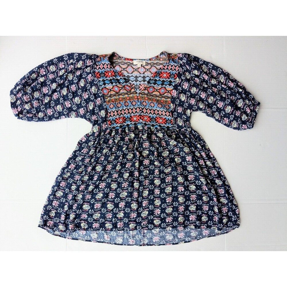 Umgee Boho Floral Peasant Navy Tunic Size Small D54
